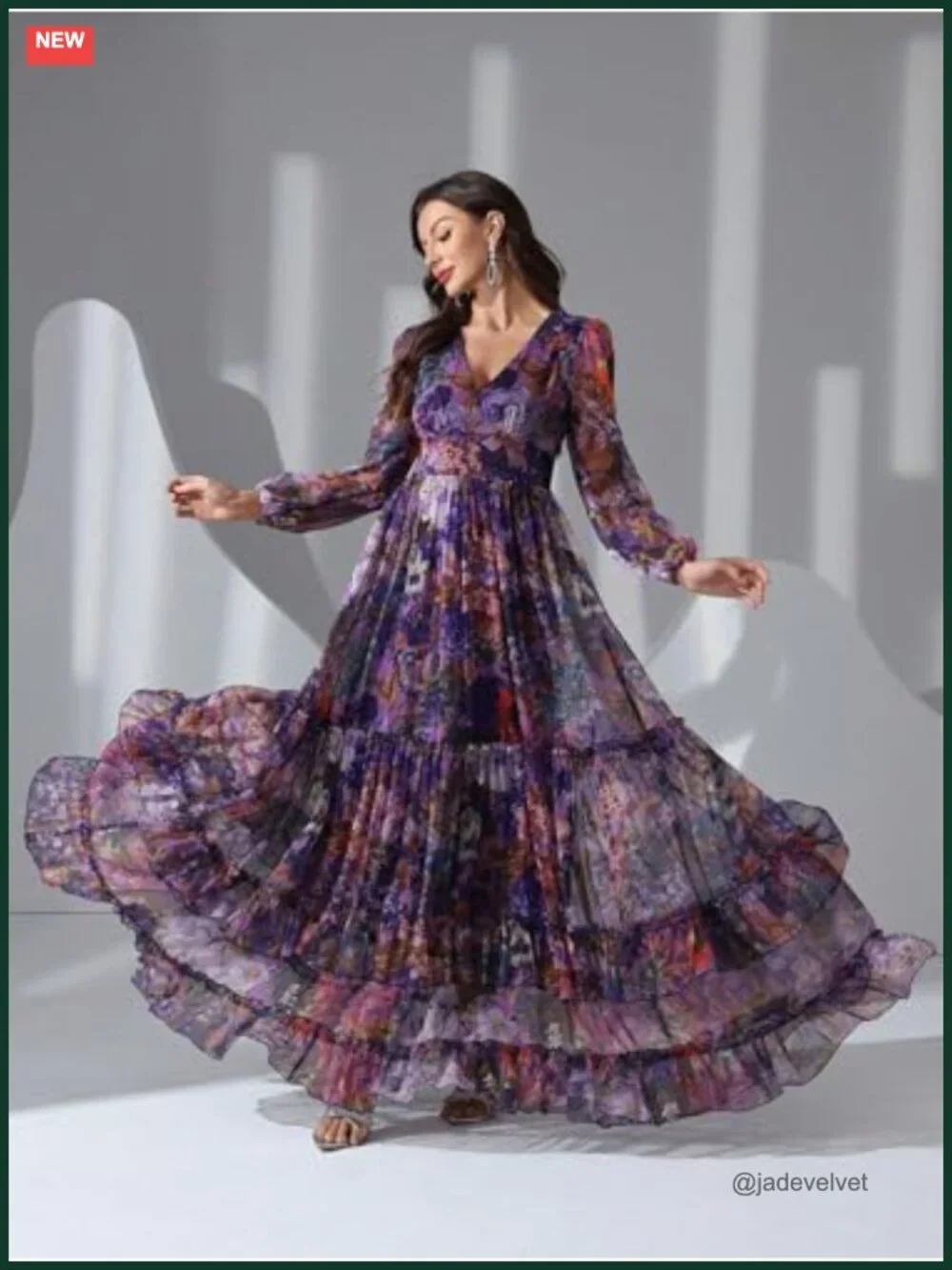 Boho Floral Maxi Dress V-Neck Long Sleeve Ruffle Tiered A-Line